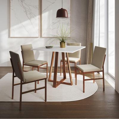 Conjunto De Jantar Mesa Mônaco 90cm Tampo Branco Com 4 Cadeiras Bege Base Cobre Preto