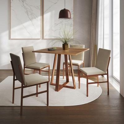 Conjunto De Jantar Mesa Mônaco 90cm Tampo Imbuia Com 4 Cadeiras Bege Base Cobre Preto