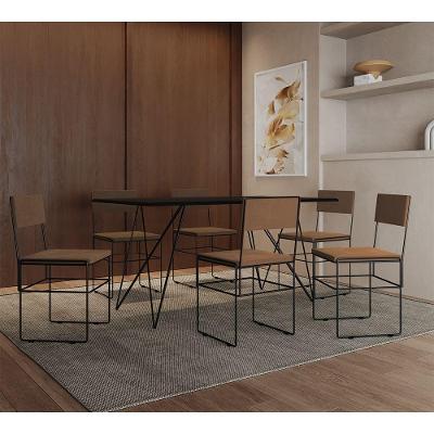 Mesa Jantar Retangular Industrial Trama 1,50x0,90m Preta Com 6 Cadeiras Estofadas Marrom E Preta Vit Preto
