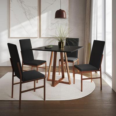 Conjunto De Jantar Mesa Mônaco Premium 90cm Preta Com 4 Cadeiras Estofadas Pretas Base Cobre Preto