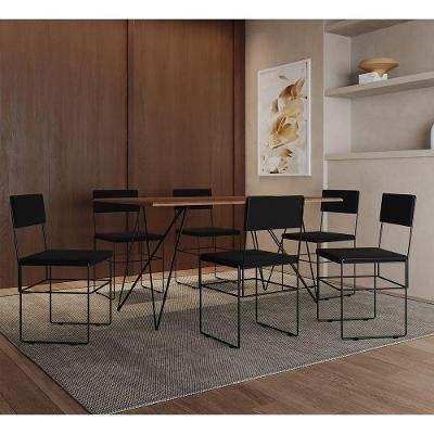 Mesa Jantar Retangular Industrial Trama 1,50x0,90m Amêndoa Com 6 Cadeiras Estofadas Vitória Preta Marrom