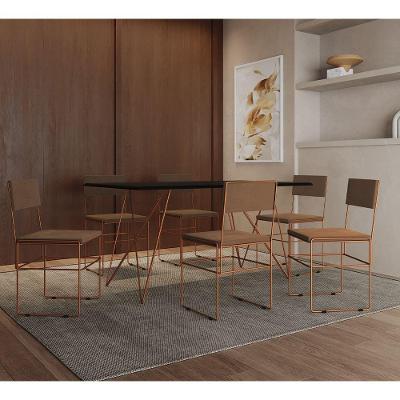 Mesa Jantar Retangular Industrial Trama 1,50x0,90m Preta Com 6 Cadeiras Estofadas Marrom E Cobre Vit Preto