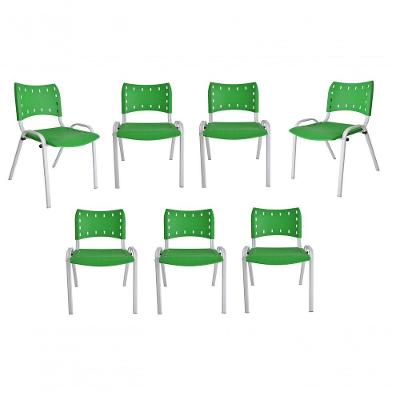 Kit 7 Cadeiras Iso Para Escola Escritório Comércio Verde Base Branca