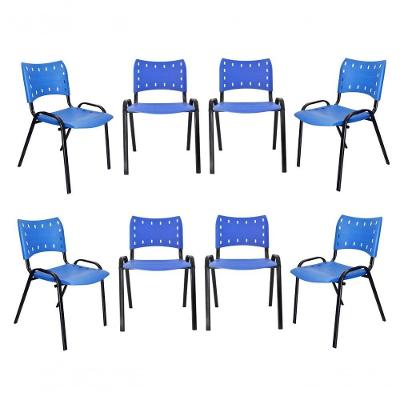 Kit 8 Cadeiras Iso Para Escola Escritório Comércio Azul Base Preta