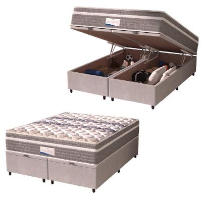 Cama Box Baú Casal King Colchão Molas Ensacadas Com Pillow Evolution 193x203x73cm Suede Cinza/branco