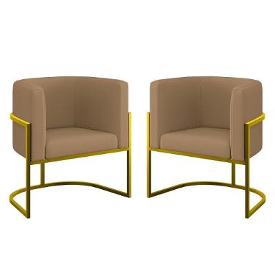 Kit 02 Cadeiras Poltrona Veludo Sala Quarto Base De Metal Gold Capuccino