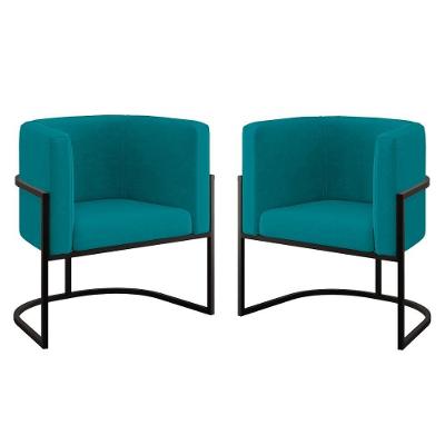 Kit 02 Cadeiras Poltrona Sala Quarto Base De Metal Black Azul Turquesa