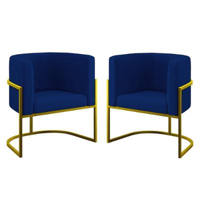 Kit 02 Cadeiras Poltrona Sala Quarto Base De Metal Gold Azul Marinho