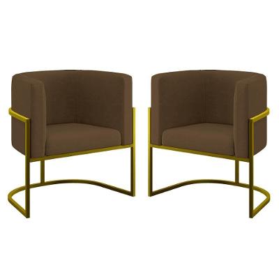 Kit 02 Cadeiras Poltrona Sala Quarto Base De Metal Gold Marrom