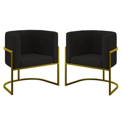 Kit 02 Cadeiras Poltrona Sala Quarto Base De Metal Gold Preto