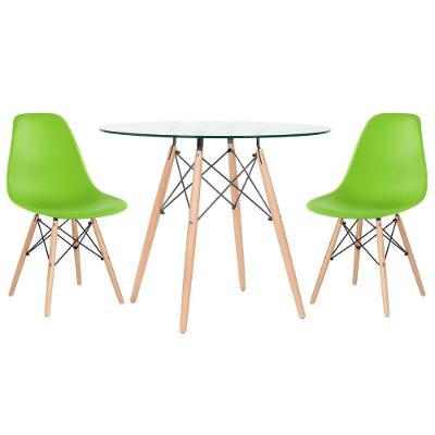 Mesa Redonda Eames Com Tampo De Vidro 90 Cm + 2 Cadeiras Eiffel Dsw Verde Claro