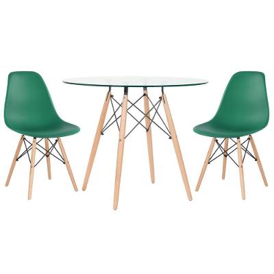 Mesa Redonda Eames Com Tampo De Vidro 90 Cm + 2 Cadeiras Eiffel Dsw Verde Escuro
