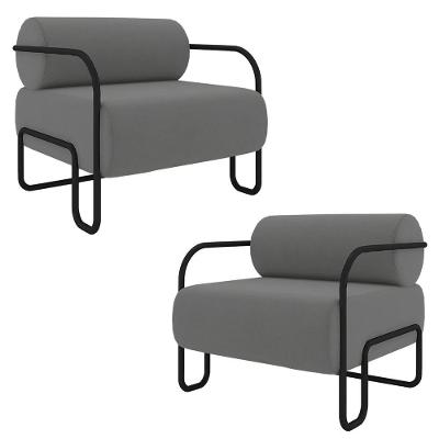 Kit 2 Poltronas Decorativas Sala De Estar Polatsk Base Industrial De Ferro Veludo Cinza G33
