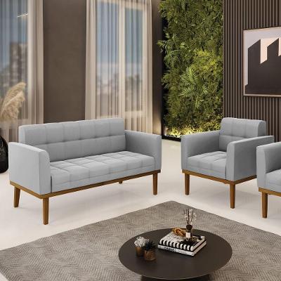 Conjunto Poltrona E Namoradeira Decorativas Pés Fixo Em Madeira Castanho Suede Cinza