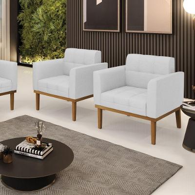 Kit 2 Poltronas Decorativas Pés Fixo Em Madeira Castanho Linho Cinza