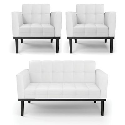 Conjunto 2 Poltronas E 1 Namoradeira Decorativa Pés Fixo Em Madeira Preto Pu Branco