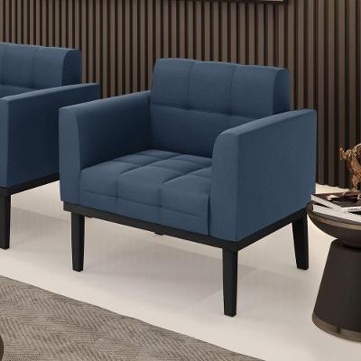 Poltrona Decorativa Pés Fixo Em Madeira Preto Suede Azul Marinho