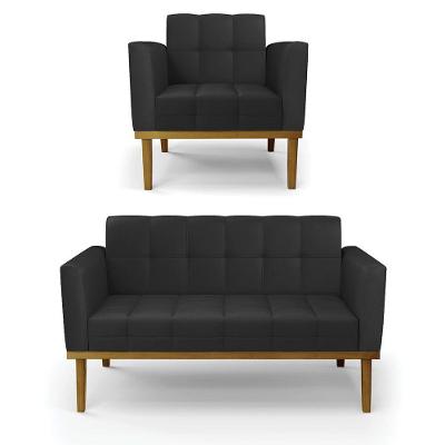 Conjunto Poltrona E Namoradeira Decorativas Pés Fixo Em Madeira Castanho Pu Preto