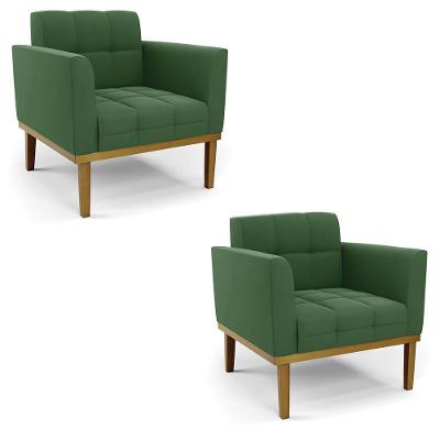 Kit 2 Poltronas Decorativas Pés Fixo Em Madeira Castanho Suede Verde
