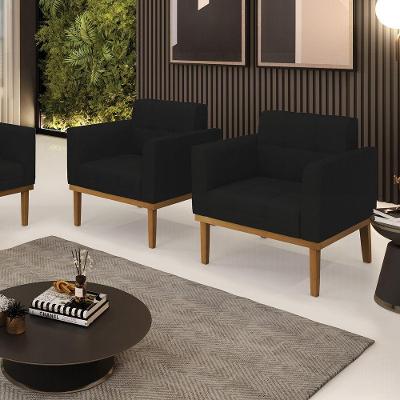 Kit 2 Poltronas Decorativas Pés Fixo Em Madeira Castanho Linho Preto