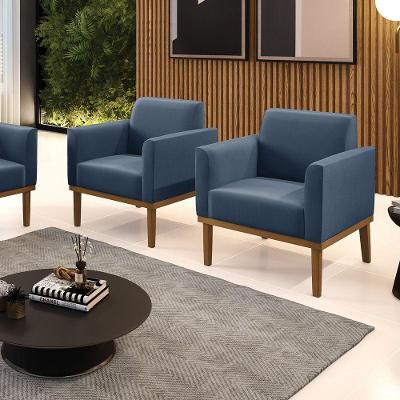 Kit 2 Poltronas Decorativas Pés Fixo Em Madeira Castanho Suede Azul Marinho