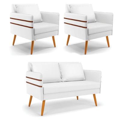 Kit 01 Namoradeira E 02 Poltronas Corino Branco Castanho