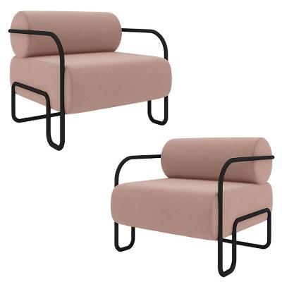 Kit 2 Poltronas Decorativas Sala De Estar Polatsk Base Industrial De Ferro Veludo Rosê G33