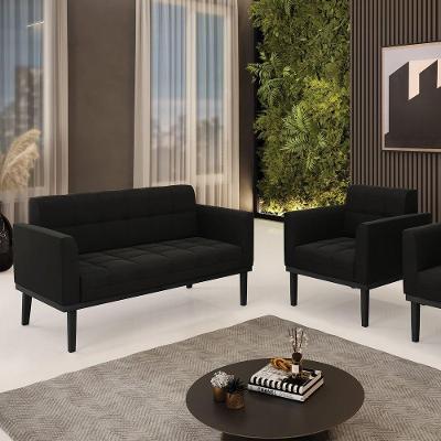 Conjunto Poltrona E Namoradeira Decorativa Pés Fixo Em Madeira Preto Suede Preto