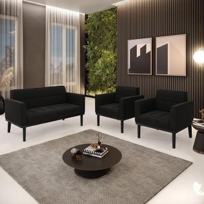 Conjunto 2 Poltronas E 1 Namoradeira Decorativa Pés Fixo Em Madeira Preto Suede Preto
