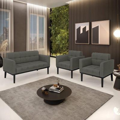 Conjunto 2 Poltronas E 1 Namoradeira Decorativa Pés Fixo Em Madeira Preto Linho Cinza Mesclado