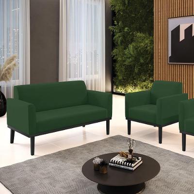 Conjunto Poltrona E Namoradeira Decorativa Pés Fixo Em Madeira Preto Veludo Verde Esmeralda