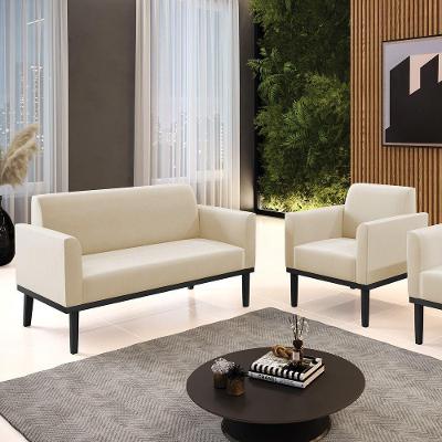 Conjunto Poltrona E Namoradeira Decorativa Pés Fixo Em Madeira Preto Suede Bege
