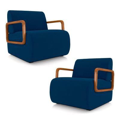 Kit 2 Poltronas Decorativa Sala De Estar Odessa Braços Em Madeira Veludo Azul G33