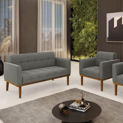 Conjunto Poltrona E Namoradeira Decorativas Pés Fixo Em Madeira Castanho Suede Grafite