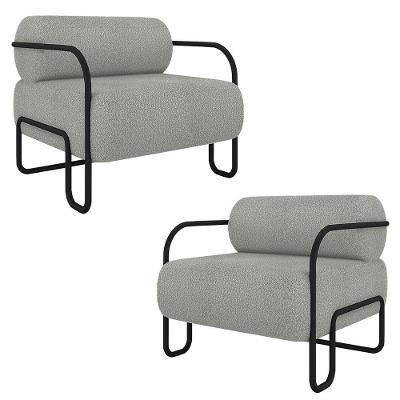 Kit 2 Poltronas Decorativas Sala De Estar Polatsk Base Industrial De Ferro Bouclê Cinza G33