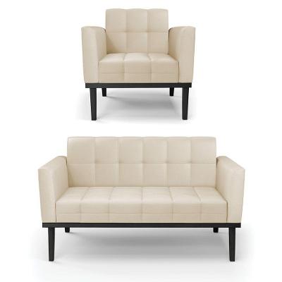 Conjunto Poltrona E Namoradeira Decorativa Pés Fixo Em Madeira Preto Pu Bege