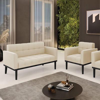 Conjunto Poltrona E Namoradeira Decorativa Pés Fixo Em Madeira Preto Suede Bege