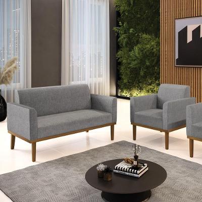 Conjunto Poltrona E Namoradeira Decorativa Pés Fixo Em Madeira Castanho Linho Cinza Mesclado