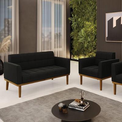 Conjunto Poltrona E Namoradeira Decorativas Pés Fixo Em Madeira Castanho Suede Preto