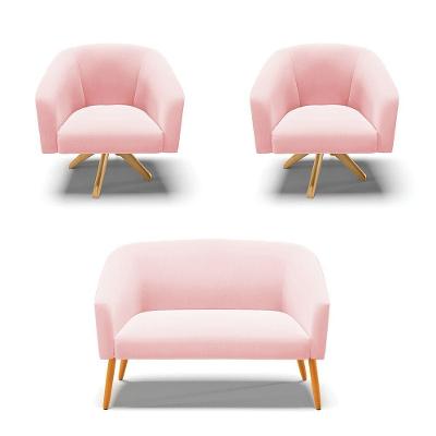 Kit 1 Namoradeira E 2 Poltronas Rosa Bebê Base Madeira