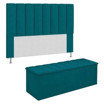 Kit Cabeceira + Calçadeira Baú Casal 140cm Azul Turquesa