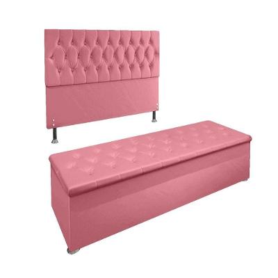 Kit Cabeceira Calçadeira Baú King 1,95 Cm Madrid Suede Rosa
