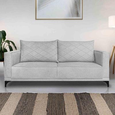 Sofá Living 2 Lugares Com Pés De Ferro Almofadas Soltas 200cm Neso Bouclê Cinza