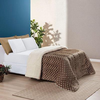 Edredom Coberdrom Romantico Poá King Sherpa E Manta Flannel - Caqui