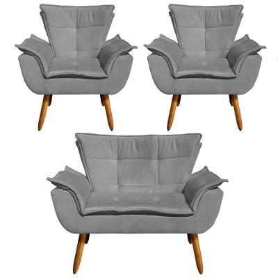 Kit Namoradeira 2 Lugares E 2 Poltronas Decorativas Pés Palito Opla Suede Grafite - Ibiza