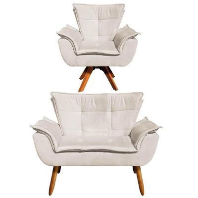 Kit Namoradeira 2 Lugares E 1 Poltrona Decorativa Giratória Madeira Opla Suede Bege - Ibiza