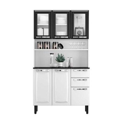 Kit De Cozinha Compacta Branco E Preto Em Aço 6 Portas 3 Vidros 2 Gavetas Pratika