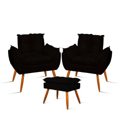 Kit Luxo 02 Poltronas Amamentação Suede + 1 Puff Pés Palito Cor:preto Preto