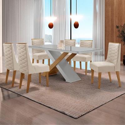Mesa Sala De Jantar Carol 180cm E 6 Cadeiras Safira Moderna Veludo Creme/off White/imbuia