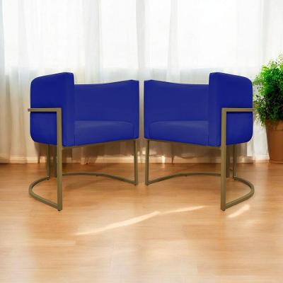 Kit 2 Poltronas Decorativas Recepção Luna Tecido Sintético Base De Ferro Dourada Azul Royal Corino